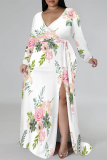 loral Print V Neck Long Sleeve Lace Up Slit Plus Size Vacation Maxi Dresses