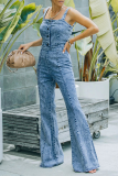 Casual Sleeveless Buckle Square Collar Boot Cut Wide Strap Straight Leg Denim Jumpsuits
