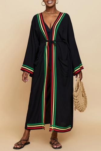 Striped Print Open Cardigan for Vacation Bikini Beachwear Beach Cover-Up