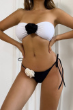 Flowers Decor Backless Sleeveless Belted Bra And Mini Shorts Bikini Sets Beach Vacation Swimwears