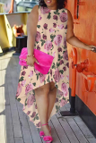 Casual Floral Print Sleeveless O Neck Irregular Hem Vacation Plus Size Midi Dresses