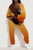 Orange Figure Print O Neck Long Sleeve Sweatshirt And Pants Sportwear Casual Two Pieces Sweatpants Sets