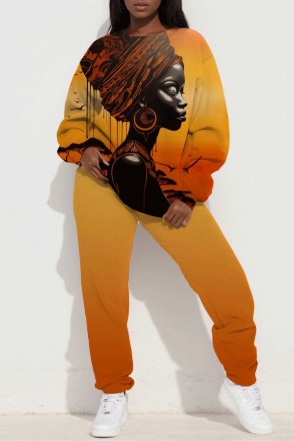 Orange Figure Print O Neck Long Sleeve Sweatshirt And Pants Sportwear Casual Two Pieces Sweatpants Sets