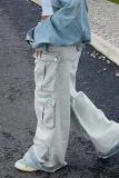 Casual Pocket Low Waist Wide Leg Distressed Denim Cargo Jeans