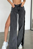 Casual High Waist Slit Zipper Fitted Distressed Wide Leg Denim Jeans