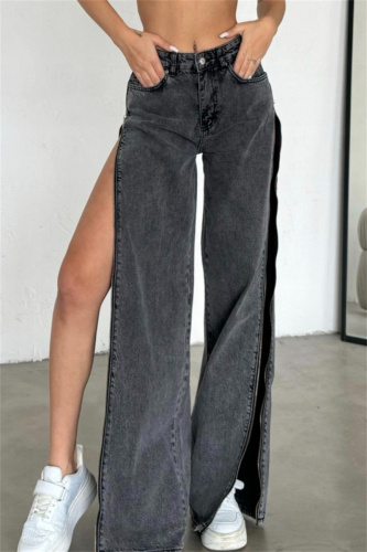 Casual High Waist Slit Zipper Fitted Distressed Wide Leg Denim Jeans