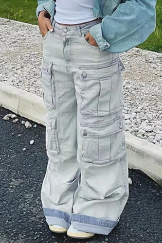 Casual Pocket Low Waist Wide Leg Distressed Denim Cargo Jeans