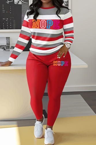 Sportwear Casual Stripe Print O Neck Long Sleeve Oversize Sweatshirt And Skinny Pants Two Pieces Sweatpant Sets