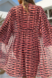 Stripe Print Long Sleeve Cardigan Cover Up Bra And Shorts Vacation Beach Swimsuit Three Piece Set