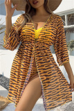 Stripe Print Long Sleeve Cardigan Cover Up Bra And Shorts Vacation Beach Swimsuit Three Piece Set