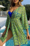 Stripe Print Long Sleeve Cardigan Cover Up Bra And Shorts Vacation Beach Swimsuit Three Piece Set