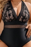 Sleeveless Backless Belted V Neck One Piece Swimsuit Plus Size Swimwear