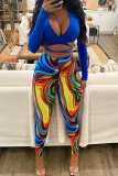 Casual Graphics Print V Neck Long Sleeve Cross Straps Crop Tops And Skinny Pants Two Pieces Trouser Sets