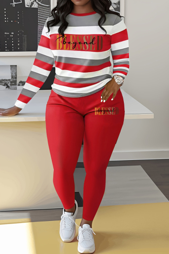 Sportwear Casual Stripe Print O Neck Long Sleeve Oversize Sweatshirt And Skinny Pants Two Pieces Sweatpant Sets