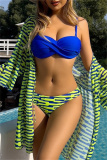 Stripe Print Long Sleeve Cardigan Cover Up Bra And Shorts Vacation Beach Swimsuit Three Piece Set