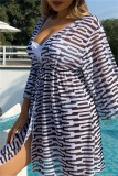 Stripe Print Long Sleeve Cardigan Cover Up Bra And Shorts Vacation Beach Swimsuit Three Piece Set