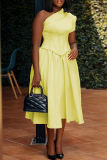 Yellow Formal Belted Oblique Collar Short Sleeve Evening Party A Line Pleated Midi Dress