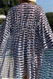 Stripe Print Long Sleeve Cardigan Cover Up Bra And Shorts Vacation Beach Swimsuit Three Piece Set