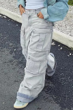 Casual Pocket Low Waist Wide Leg Distressed Denim Cargo Jeans