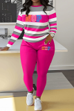 Sportwear Casual Stripe Print O Neck Long Sleeve Oversize Sweatshirt And Skinny Pants Two Pieces Sweatpant Sets