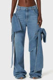Bow Decor Casual Plus Size High Waist Distressed Wide Leg Jeans