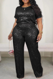 Sequins O Neck Short Sleeve T Shirt and Wide Leg Pant Plus Size Two Pieces Pant Set