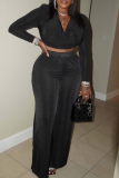 Casual Backless V Neck Long Sleeve Cross Straps Ruched Crop Tops And Wide Leg Pants Two Pieces Trouser Sets