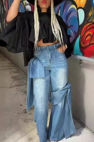Bow Decor Casual Plus Size High Waist Distressed Wide Leg Jeans