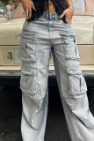 Casual Pocket Low Waist Wide Leg Distressed Denim Cargo Jeans