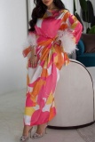 Casual Colorblock Print Feathers Oblique Collar Long Sleeve With Belt Vacation Long Maxi Dresses
