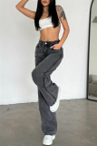 Casual High Waist Slit Zipper Fitted Distressed Wide Leg Denim Jeans