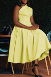 Yellow Formal Belted Oblique Collar Short Sleeve Evening Party A Line Pleated Midi Dress