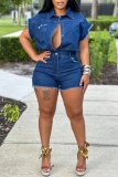 Casual Turndown Collar Pocket Buttons Raw Trim Fitted Denim Romper