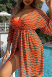 Stripe Print Long Sleeve Cardigan Cover Up Bra And Shorts Vacation Beach Swimsuit Three Piece Set