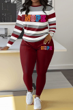 Sportwear Casual Stripe Print O Neck Long Sleeve Oversize Sweatshirt And Skinny Pants Two Pieces Sweatpant Sets