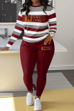 Sportwear Casual Stripe Print O Neck Long Sleeve Oversize Sweatshirt And Skinny Pants Two Pieces Sweatpant Sets