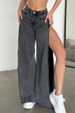 Casual High Waist Slit Zipper Fitted Distressed Wide Leg Denim Jeans