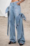 Bow Decor Casual Plus Size High Waist Distressed Wide Leg Jeans