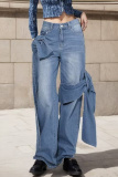 Bow Decor Casual Plus Size High Waist Distressed Wide Leg Jeans