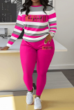 Sportwear Casual Stripe Print O Neck Long Sleeve Oversize Sweatshirt And Skinny Pants Two Pieces Sweatpant Sets