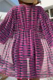 Stripe Print Long Sleeve Cardigan Cover Up Bra And Shorts Vacation Beach Swimsuit Three Piece Set