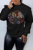 Black khaki Graphics Print O Neck Long Sleeve Fall Winter Sweatshirt