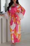 Casual Colorblock Print Feathers Oblique Collar Long Sleeve With Belt Vacation Long Maxi Dresses