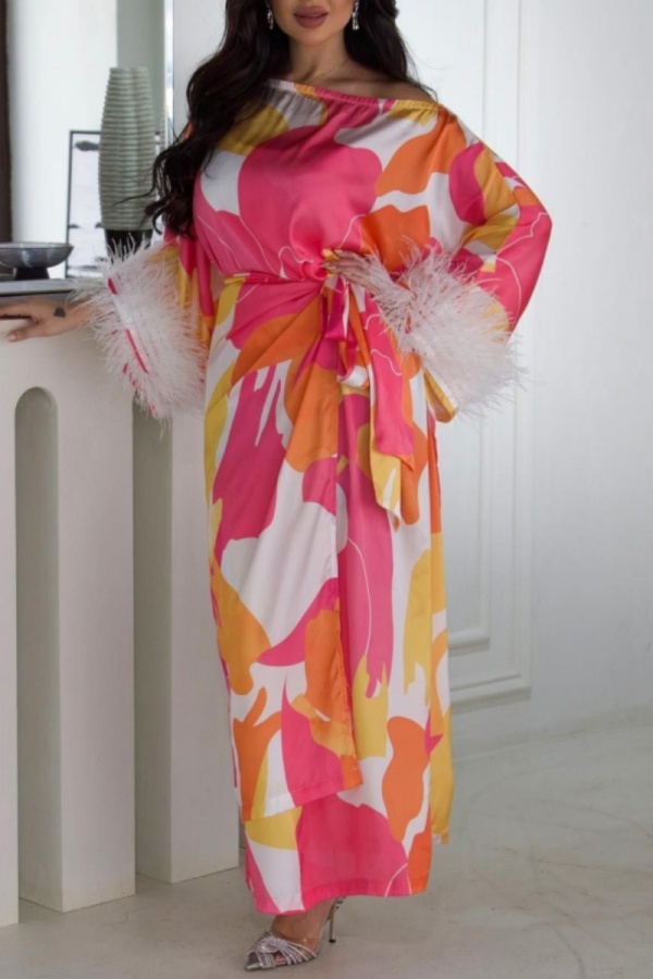 Casual Colorblock Print Feathers Oblique Collar Long Sleeve With Belt Vacation Long Maxi Dresses
