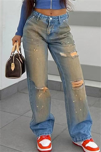 Casual High Waist Distressed Straight Leg Ripped Denim Jeans