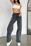 Casual High Waist Slit Zipper Fitted Distressed Wide Leg Denim Jeans
