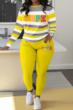 Sportwear Casual Stripe Print O Neck Long Sleeve Oversize Sweatshirt And Skinny Pants Two Pieces Sweatpant Sets