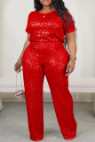 Sequins O Neck Short Sleeve T Shirt and Wide Leg Pant Plus Size Two Pieces Pant Set