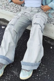 Casual Pocket Low Waist Wide Leg Distressed Denim Cargo Jeans