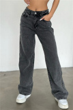 Casual High Waist Slit Zipper Fitted Distressed Wide Leg Denim Jeans